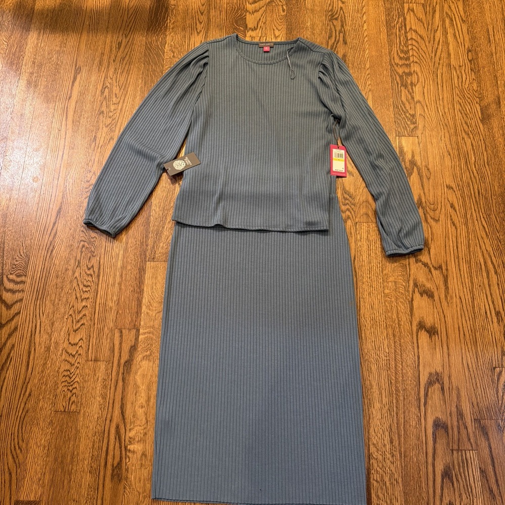 Vince Camuto Set 2 Piece Top Skirt M Teal Blue Ribbed Pencil Midi NEW